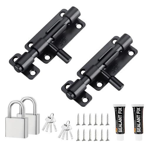 Foonary 2 Stück Schwarze 304 Edelstahl Türriegel ohne Bohren, Türschloss Set mit 12 Schrauben, 2 Klebstoffen, 2 Einfachschlössern & 8 Schlüsseln, Türriegel innen, Schieberiegel, Türverriegelung von Foonary