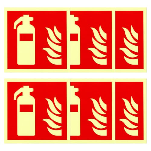 Foonary 6 Stück Feuerlöscher Schild 15x15cm – Nachleuchtend Selbstklebende Brandschutzschild, PVC Material, Sicherheitsmarkierung für Zuhause, Büro, Baustelle, Parkplatz, Warnschild Feuerlöscher von Foonary