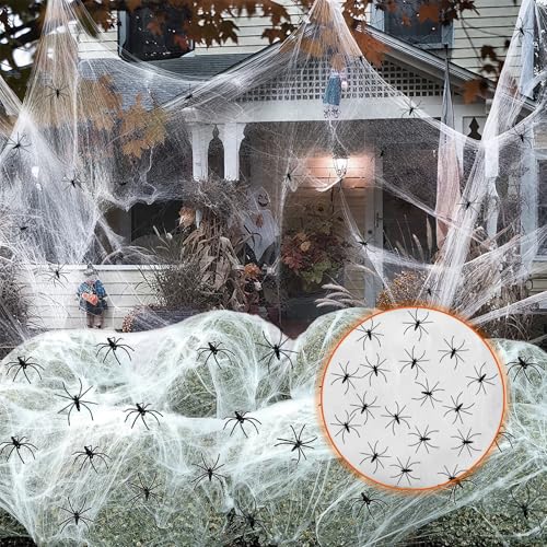 Foonary Halloween Deko,LED-Leuchtendes Spinnennetz (200g + 30 Stück Spinnen) - Dehnbare Spinnenweben für Garten Horror,Outdoor Spinnennetz für Party, Garten, Spukhaus, Hof Dekoration von Foonary