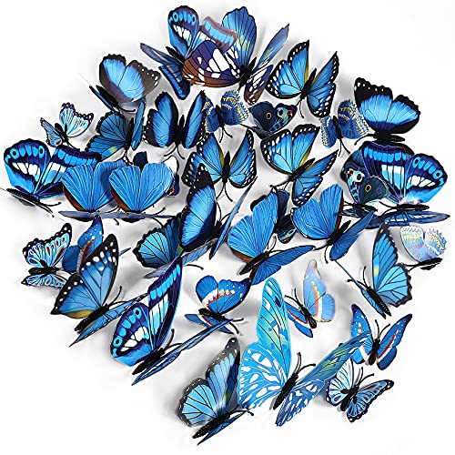 Foonii 72 PCS 3D Schmetterlinge Deko Wanddeko Aufkleber Abziehbilder,Butterfly Wandsticker 3D Wandtatoo für Die Wand Wohnung Hause Schlagfestem Kunststoff Schmetterling Dekorationen Wand-Dekor Blau von Foonii