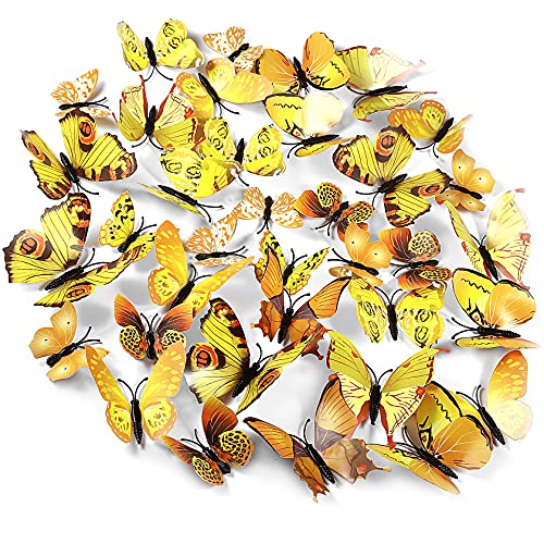 Foonii 72 PCS 3D Schmetterlinge Deko Wanddeko Aufkleber Abziehbilder,Butterfly Wandsticker 3D Wandtatoo für Die Wand Wohnung Hause Schlagfestem Kunststoff Schmetterling Dekorationen Wand-Dekor Gelb von Foonii