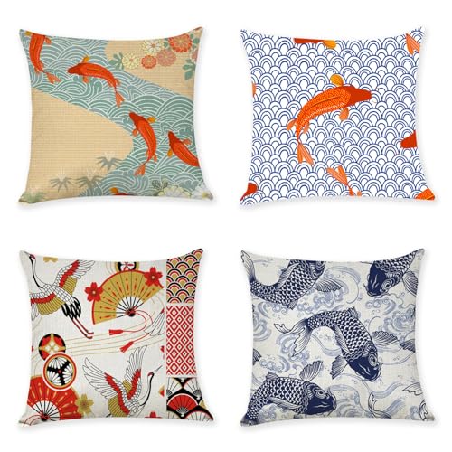 Kissenbezug, Outdoor Kissen, Sofakissen, Kopfkissenbezug KissenhüLle KissenbezüGe 55x55cm 4er Set, Deko Kissen, Dekokissen Outdoor Kissenbezug, Garten Kissen, Pillow Cover, Couch Kissen Bezug Goldfish von Fooyho