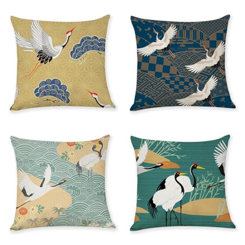 Kissenbezug 4er Set Outdoor Kissen Wasserfest Sofakissen Dekokissen KissenbezüGe Fairy Crane Baumwolle Leinen KissenhüLle für Terrasse Garten Auto Sofa Wohnzimmer Bett Balkon Deko Kissen 55x55cm von Fooyho