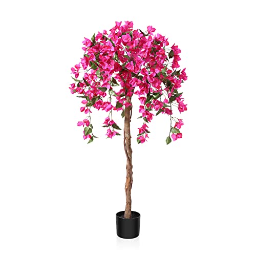 Fopamtri Kunstpflanze Kunstbaum mit Blüten 120cm Künstliche Pflanzen im Topf Groß Rosa Fake Pflanzen für Indoor Outdoor Schlafzimmer Büro Garten Dekoration (1 Pack) von Fopamtri