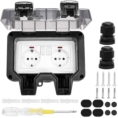Außensteckdose Steckdose IP66 Wasserdicht Steckdose mit Schalter Kontrollleuchte, Wandsteckdose Feuchtraum Aufputz Schutzkontakt Gartensteckdose Staubdicht Wetterfest Outdoor mit Klappdeckel von Foppla