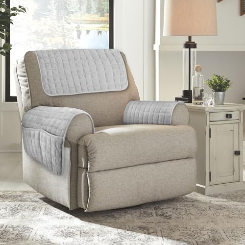 Foppla 3pcs Sofa Armlehnenbezüge, Sesselschoner Sesselauflage, Fernsehsessel Schutzbezug mit Seitenstocktaschen Anti-Rutsch Sofa Arm Protector Machine Waschbare Liegestuhl Armbedeckung weich (Grau) von Foppla