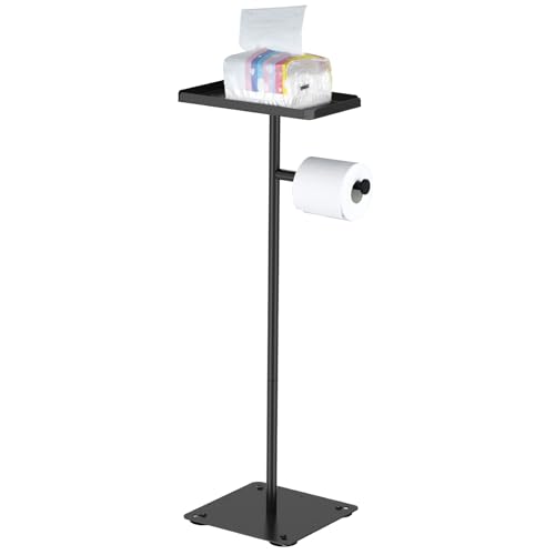 Foppla Toilettenpapierhalter mit oberem Aufbewahrungsregal, Bodenstehender Toilettenpapierhalter, Karbonstahl, Toilettenpapierhalter, Ständer, multifunktionaler Toilettenpapierrollenspender für von Foppla