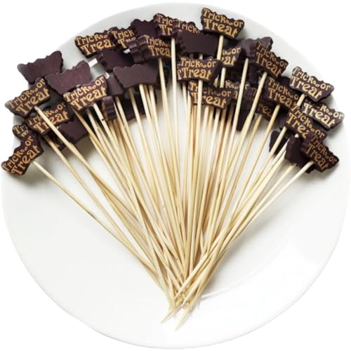 Fopytu 100 Stück Halloween Cocktail Picks Trick or Obstgabel Holz Buffet Dessert Cocktail Stick Halloween Party Supplies von Fopytu