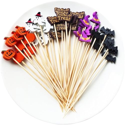 Fopytu 100pcs Halloween Cocktail Sticks Holz Obst Picks Halloween Party Dessert Vorspeise Zahnstocher Halloween Dekoration von Fopytu