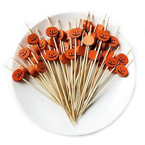 Fopytu 100pcs Halloween Kürbis Bambus Spieße Obstgabel Dessert Salat Gemüse Zahnstocher Spieß Cocktailstangen Halloween Dekor von Fopytu