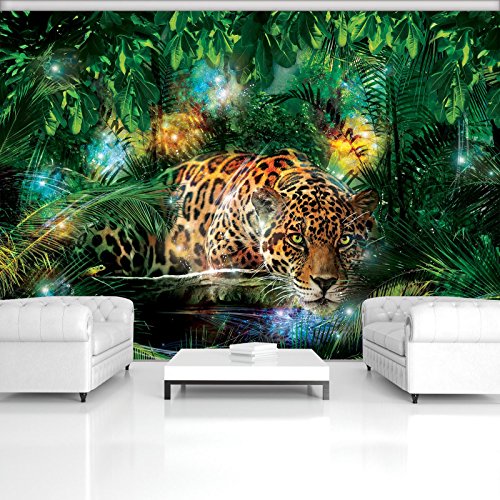 ForWall Fototapete Vlies - Tapete Moderne Wanddeko Jaguar im bunten Dschungel V8 (368cm. x 254cm.) AMF1333V8 Wandtapete Design Tapete Wohnzimmer Schlafzimmer von ForWall