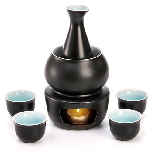 Foraineam Sake-Set aus Keramik mit Wärmer, japanischer Stil Porzellan Hot Saki Drink Warmer Set, 7-teiliges Geschenkset inklusive 1 Herd, 1 Warmhalteschale, 1 Sake-Flasche, 4 Sake-Tassen von Foraineam