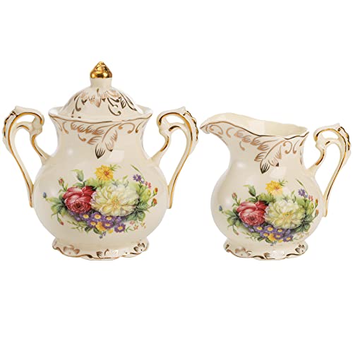 Foraineam Zucker und Milchkännchen Set, Porzellan Elfenbein Kaffee Servierset Blütensträucher Muster Golden Leaves Edge Cream Pitcher und Zuckerdose mit Deckel von Foraineam