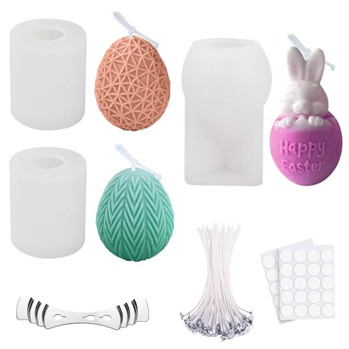 Forbabe 3 STK Silikonform Ostereier, 3D Eierform Kerzengießformen Ostern Hasen Eier Silikonform Kerzenformen zum Gießen mit 50 Kerzendocht 1 Dochthalter und 50 Aufkleber für Duftkerze/Ostergeschenke von Forbabe