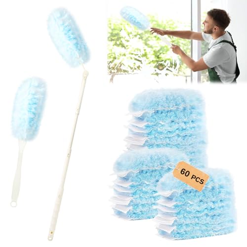 Forbabe 62 Stück für Swiffer Staubmagnet Nachfüllpack, 360° Staubwedel für Swiffer Duster mit 1 Handgriff und 1 Teleskopstange Staubwischer für Hause und Büro zur Reinigen von Tierhaare Staub Schmutz von Forbabe