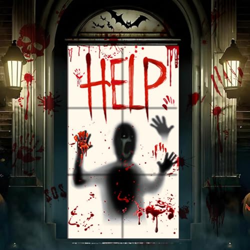 Forbabe Halloween Deko Horror Fenster, Blutige Fensterdeko Türdeko für Outdoor Innen Garten Party, 2 Stück 155 x 70cm Halloween Tür Fensterbilder + 8 Sets 35x25cm Blutiger Handabdruck Aufkleber (A) von Forbabe