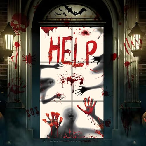 Forbabe Halloween Deko Horror Fenster, Blutige Fensterdeko Türdeko für Outdoor Innen Garten Party, 2 Stück 155 x 70cm Halloween Tür Fensterbilder + 8 Sets 35x25cm Blutiger Handabdruck Aufkleber (B) von Forbabe