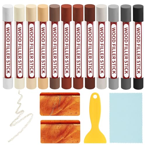 Forbabe Laminat Reparaturset, 12 Farben Holzwachs Reparatur WachsstäBchen mit Schaber und Reinigungstuch Beheizbar Holz Reparaturstift zum Auffüllen und Reparieren von Kratzern und Löchern auf Möbeln von Forbabe