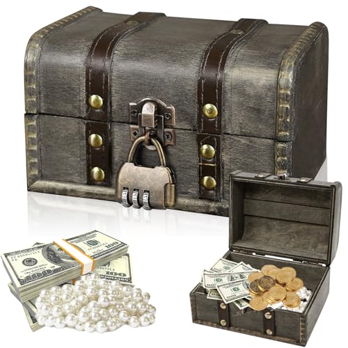 Forbabe Schatztruhe Holz, Schatzkiste mit Schloss Aufbewahrung Schatzkiste Vintage Schmuckkästchen mit Deckel Klein Piratenschatztruhe Holz Schatztruhe Kindergeburtstag (16x12x9.5cm, Grau) von Forbabe
