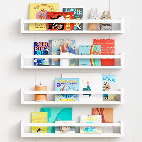 Forbena 61 cm Wand-Bücherregal für Kinderzimmer, 4 Stück, weiß, schwebende Kinderzimmer, Bücherregale für Baby, Kleinkind, Kinder, große Holzwandhalterung, Bücherregale und Spielzeugaufbewahrung von Forbena