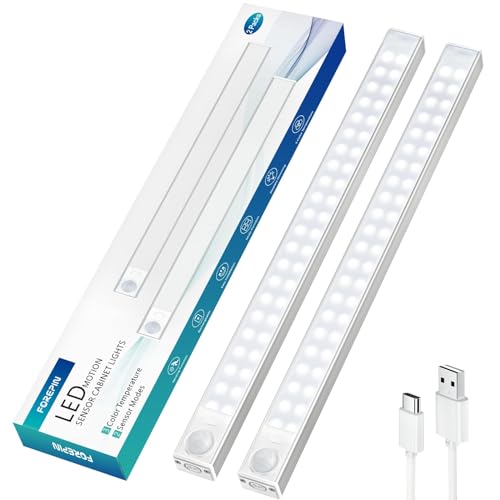 Forepin LED Unterbauleuchte Küche, 2 Stück Schrankbeleuchtung 30CM, 2000mAh Wiederaufladbar Schranklicht mit Bewegungsmelder, 88LEDS Lichtleiste für Schlafzimmer, Schrank, Werkbank, Kleiderschrank von Forepin