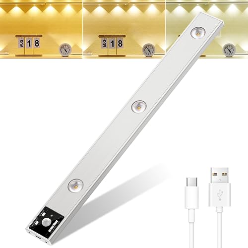 Forepin Unterbauleuchte Küche LED, 2000mAh Schrankbeleuchtung mit Bewegungsmelder Innen USB-C Wiederaufladbar Schranklicht 3 Farben Dimmbar Nachtlicht für Kleiderschrank, Schrank, Theke, Zimmer von Forepin