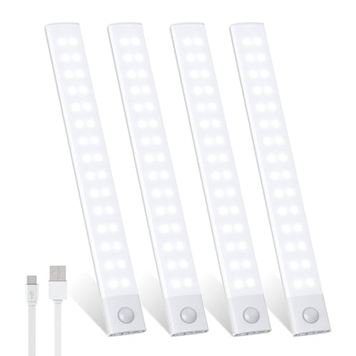 Forepin Unterbauleuchte Schrankbeleuchtung 3000 mAh, Unterbauleuchte Küche 60 Leds, USB-C Aufladbar 4 Stück Schrankbeleuchtung LED mit Bewegungsmelder 30cm LED Lichtleiste für Schrank Kleiderschrank von Forepin