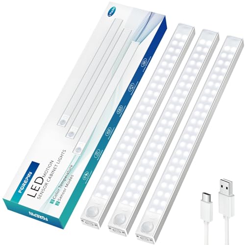 Unterbauleuchte Küche Led 30CM, 3 Stück 2000mAh Schrankbeleuchtung mit Bewegungsmelder Innen, Wiederaufladbar Schranklicht, 88LEDs Küchenlampe für Kleiderschrank, Treppe, Werkbank, Küche von Forepin