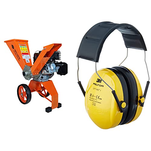 Forest Master FM6DD Benzin 4-Takt Motor Holz Garten Häcksler, 6 HP, Orange, 780 x 480 x 910 & 3M Peltor Optime I Ohrenschützer H510A, Leichter Gehörschutz mit weichen Kissen, gelb, 25 von Forest Master