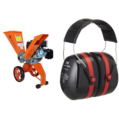 Forest Master FM6DD Benzin 4-Takt Motor Holz Garten Häcksler, 6 HP, Orange, 780 x 480 x 910 & 3M Peltor Optime III Kapselgehörschutz schwarz-rot - Größenverstellbare Ohrenschützer von Forest Master