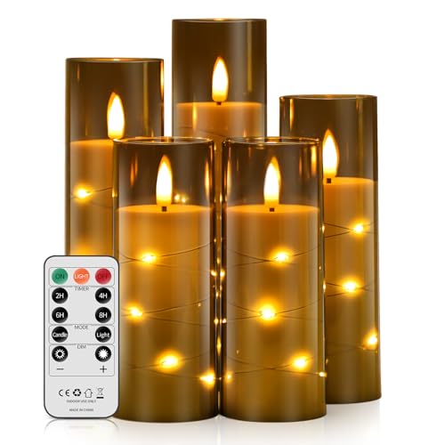 Forever Speed 5 Stück LED Kerzen Lichterkette mit Fernbedienung & Timer, Batteriebetriebene Kerzen Dimmbar Eingebaute Lichterkette Kerzen Acryl Flammenlose Kerzen für Wohndekoration - Grau von Forever Speed