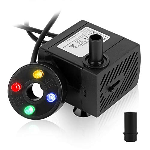 Forever Speed 5W Mini Aquarium Wasserpumpe Teichpumpe Tauchpumpen für Aquarium Teich mit 4 Bunten LED Licht, Regelbare Minipumpe Garten Tauchpumpen für Brunnen,Steingarten,Max Förderhöhe 0.85m,350L/H von Forever Speed