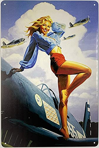 Blechschild | Pin Up Girl Posing with Airplane 20,3 x 30,5 cm | VIntage Retro Wanddekoration Garage Bar Zimmer Restaurant Decor von Forever_USA
