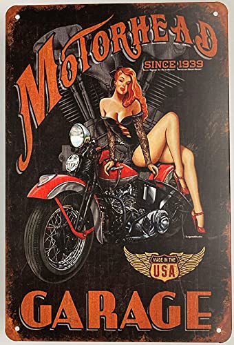 Forever_USA Blechschild | Motorhead Garage Pin Up Girl on The Bike 20,3 x 30,5 cm | Kunstposter Plakette für Dekoration zu Hause, Bar, Zimmer, Garage, Männerhöhle | Retro-Design von Forever_USA