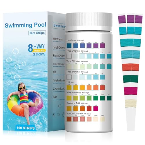 8 IN1 Pool Teststreifen, 100 Stück Wassertest-Set Genauer Chemischer, Spa Whirlpool Teststreifen für Salz,Brom, Gesamtchlor, Gesamtalkalität, Cyanursäure, pH-Wert, freies Chlor, Gesamthärte von Foreverup