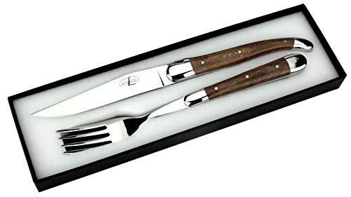 Forge de Laguiole - Set ein Steakmesser und eine Gabel - Griff Nussbaumholz - Besteck Frankreich - Stahl hochglanz von Forge De Laguiole