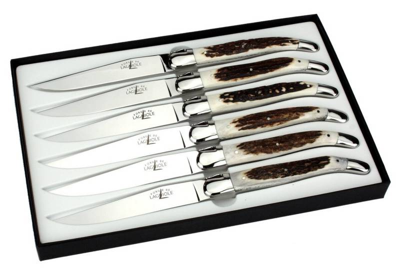 Forge de Laguiole Steakmesser T6 2M IN CF BRI 6er Set - Griff Hirschhorn - Stahl glänzend - Aufbewahrungsbox von Forge de Laguiole