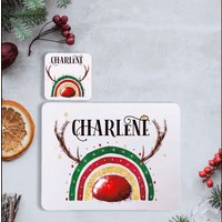 Rentier Weihnachts Platzset Und Untersetzer Set, Regenbogen Personalisierte Platzset, Platzset von Forgetmeknotwales