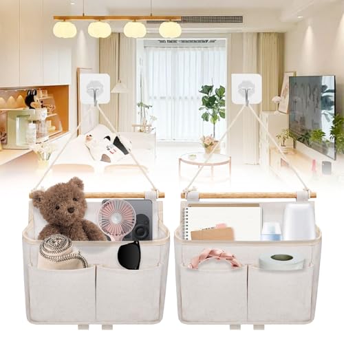 Forhandy 2 Stück Hängeorganizer, Hohe Kapazität Hängeaufbewahrung mit 3 Fächer Faltbares Leinen Wand Organizer Hängend Wand Aufbewahrungstasche mit 2 Klebriger Haken für Zuhause Büro Bad - Beige von Forhandy