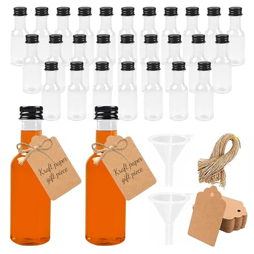 Forhandy 24 Stück 50mL Shot Flaschen zum Befüllen Kunststoff Mini Fläschchen Plastik Wiederverwendbar Kleine Schnapsflaschen mit Schwarzem Deckel und Trichter für ätherische Öle Whisky von Forhandy