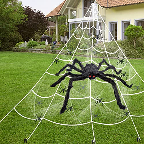 Forhandy Halloween Spinnennetz Deko, 5 x 4.8m Triangle Spinngewebe Dekoration Set 1.5m Riesen Spinne Horror Deko 100g Stretch Spinnennetz mit 40 Kleine Spinnen Halloween Deko Set für Gartendeko von Forhandy