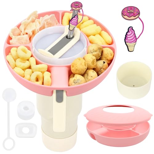 Forhandy Snackteller mit Deckel für Stanley Cup 40oz Silikon Snack Tablett mit 4 Fächern Snackschale mit 4 Stück Stanley Accessories und Silikonhülle für 850 ml-Becher (Rosa) von Forhandy