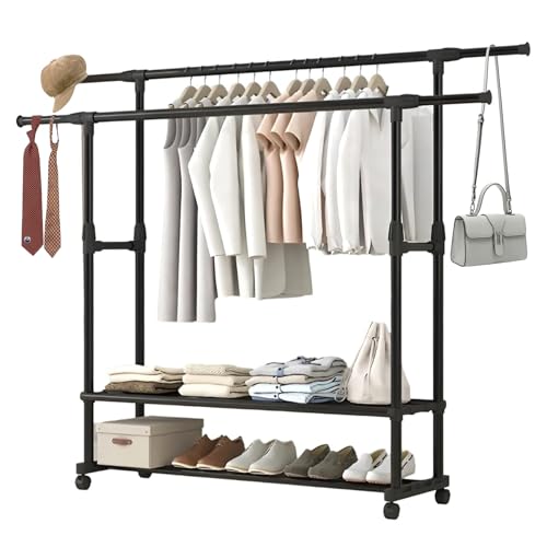 Forhandy Freistehender Doppelruten Kleiderbügel, 150*150*75cm Ausziehbar Kleiderständer auf Rollen Multifunktionaler Metall Kleiderständer mit 2 Lagen Staufächer für Mäntel, Taschen, Schuhe, Stiefel von Forhandy