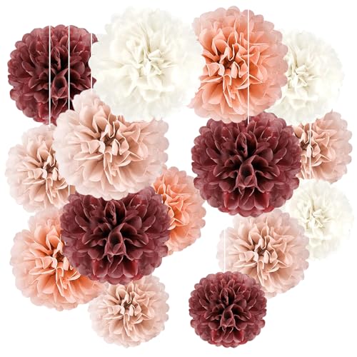 Forhome 20 Stück Rose Gold Pompons Dekoration, Seidenpapier Pompons Papier Blume, Weinrot, Rosa, Weiß Seidenpapier Blume Ball, Seidenpompons für Hochzeit Dekoration, Verlobung, Geburtstag Party von Forhome