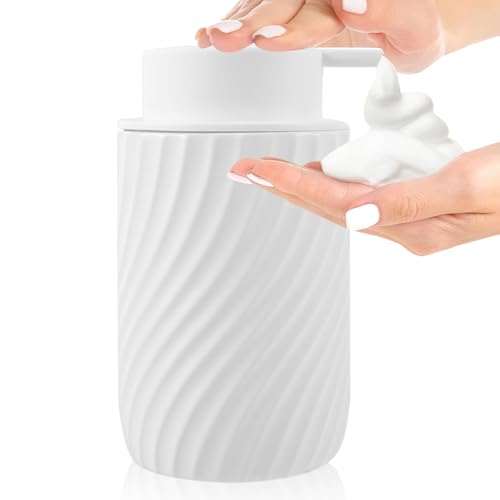 Forhome Seifenspender Weiss Spülmittelspender, Nachfüllbarer Keramik 340ml, Großer Pumpenkopf für Leichtes Pressen, Geeignet für Spülmittel, Schaum, Shampoo, Dusche, Bad, Küche, Schaumseifenspender von Forhome