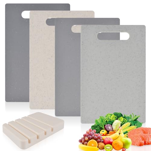 Schneidebrett Set Forhome 4 Stück Schneidebrett Kunststoff Set Rutschfeste Küchenbrett mit Aufbewahrungsständer Frühstücksbrettchen mit Griffe Schneidebretter für Fleisch Feinkost Gemüse und Obst von Forhome