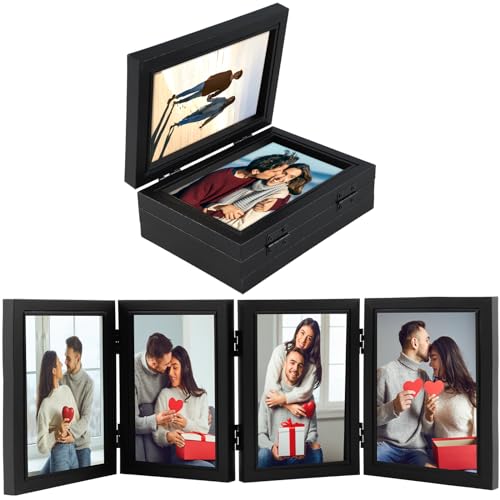 Klapp-Bilderrahmen mit Scharnier, 10,2 x 15,2 cm, rustikaler Holzeffekt, klappbarer Bilderrahmen mit High-Definition-Glas, 4 Fotos, mehrere Bilder für Desktop-Geburtstagsgeschenke (schwarz) von Foribyw