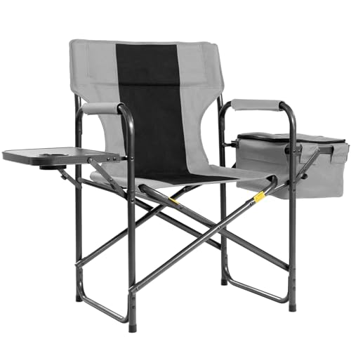 Foristrail Director Campingstuhl mit Kühltasche und faltbarer Seitenablage, 180 kg, robuster Outdoor-Klappstuhl, tragbarer Campingstuhl zum Angeln/Hinterhof (Schwarz und Grau) von Foristrail