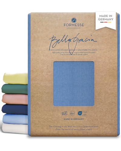 Formesse – Bella Gracia Jersey Spannbettlaken 90x190-100x220cm - bis 25cm Höhe - 97% Baumwoll-Kompaktgarn/Spannbetttuch aus Deutschland/Baumwoll Bettlaken mit Elastan - Farbe Jeansblau von Formesse