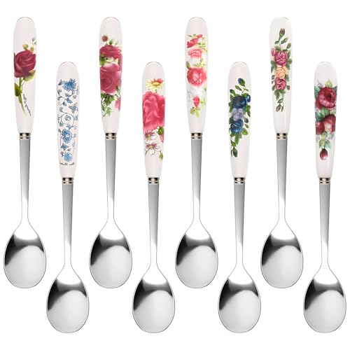 Kaffeelöffel aus Edelstahl,Forreen 8 Stück Tafellöffel Keramikgriff Teelöffel Schöne Blumen Drucken Porzellan Löffel Set für Dessert Eisbecher Lattes Kaffee von Forreen